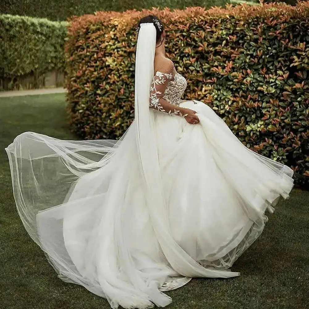 

2021 Plus Size Arabic Aso Ebi Sexy Lace Beaded Wedding Dresses Sheer Neck Long Sleeves Bridal Dresses Cheap Wedding Gowns