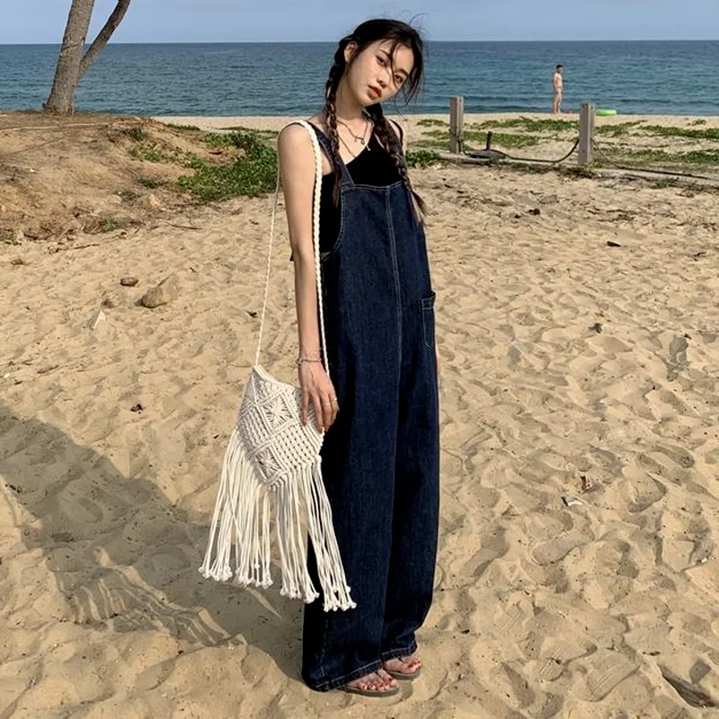 Комбинезон женский джинсовый с карманами свободный элегантный винтажный