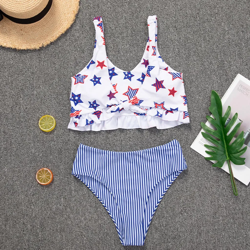 Женский купальный костюм из двух частей с принтом и высокой талией комплект