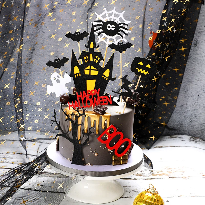 

Happy Halloween Cake Topper Pumpkin Ghost Bat Witch Ghost Castle Black Cat Horror Cupcake Toppers Halloween Party Baking Decor