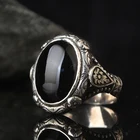 2022 Трендовое ювелирное изделие винтажное серебряное турецкое кольцо ручной работы с гравировкой мужские кольца инкрустация черный циркон кольцо готическое панк кольцо