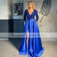 royal blue gown sexy sequins evening dress a line long sleeves sexy split robe de soir%c3%a9e de mariage prom party gowns