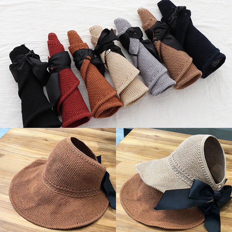 

Femal Summer Foldable Open Top Straw Bowknot Sun Hat Wide Brim Beach Outdoor Practical Visor Cap Breathable UV-Protection Hat