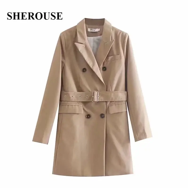 

Женский двубортный пиджак с поясом Sherouse, винтажный блейзер цвета хаки с вырезом и длинными рукавами, veste femme