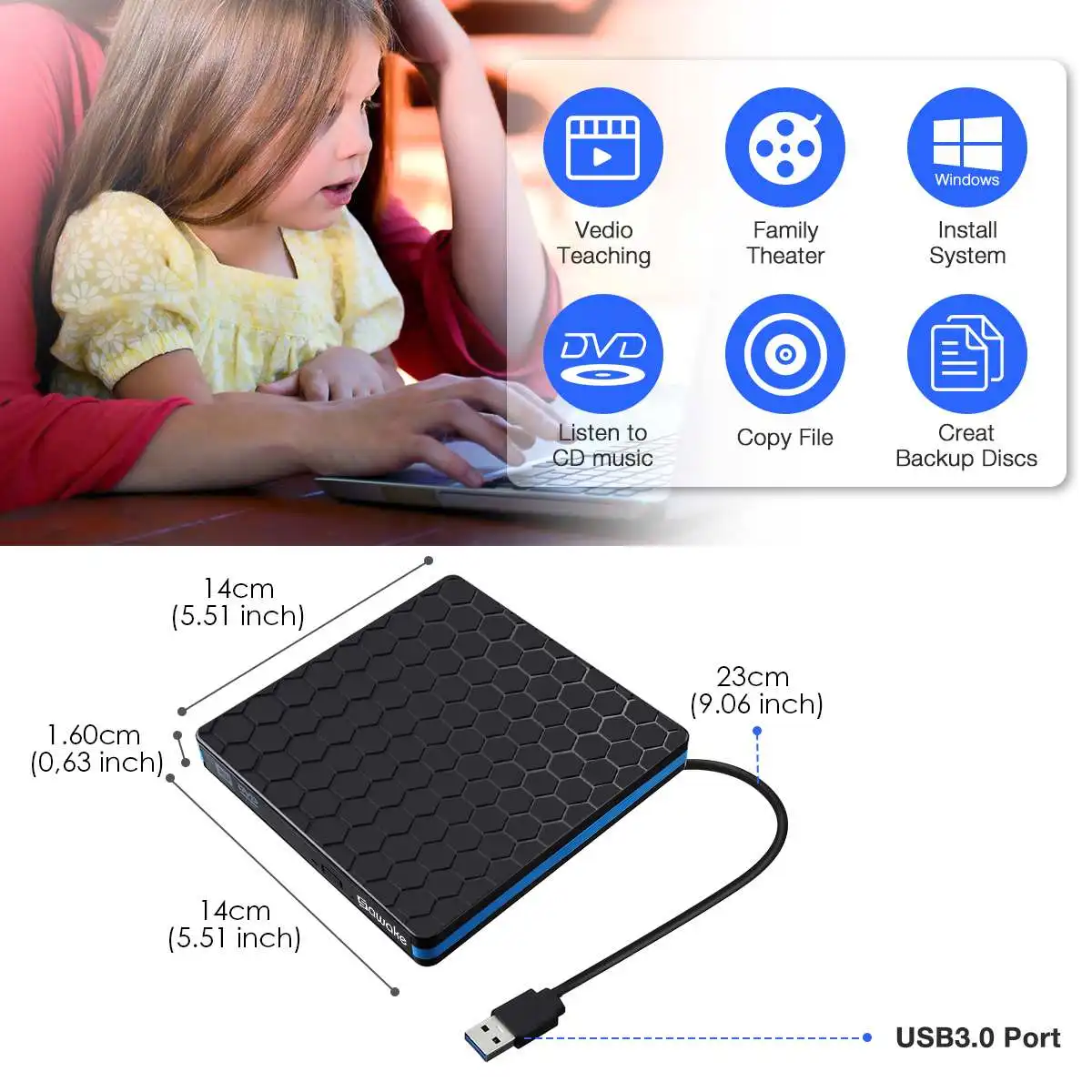 

2020 External DVD Drive USB3.0 DVD RW CD Rewriter Burner Portable Optical Drive Player For PC Laptop Macs OS Windows 10 7 8 XP