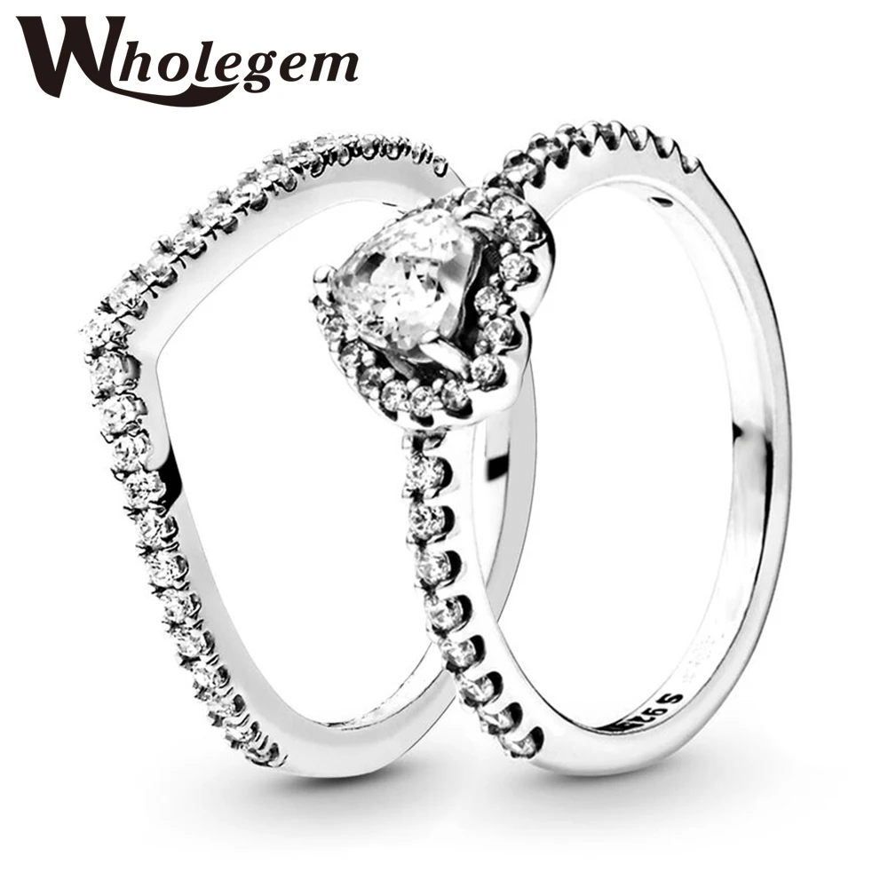 

WHOLEGEM Fashion Princess Wishbone Love Heart Stackable Engagement Rings Set Women Sparkling Zircon Wedding Band Couple Jewelry