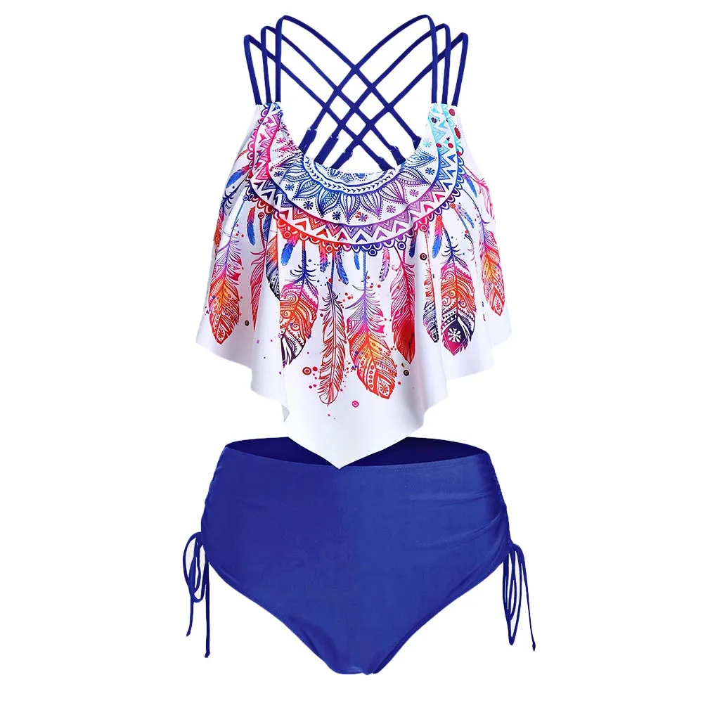 Размера плюс для женщин с принтом перьев ремешком и острым подол Tankini купальник