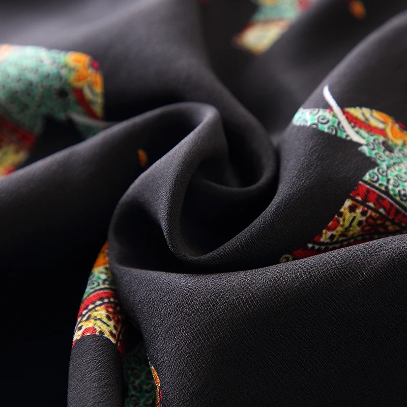 100% Real Silk Black Women's Dresses 2022 Summer Elegant Fashion O-neck Short Sleeve Vintage Print Loose Woman Straight Dress | Женская