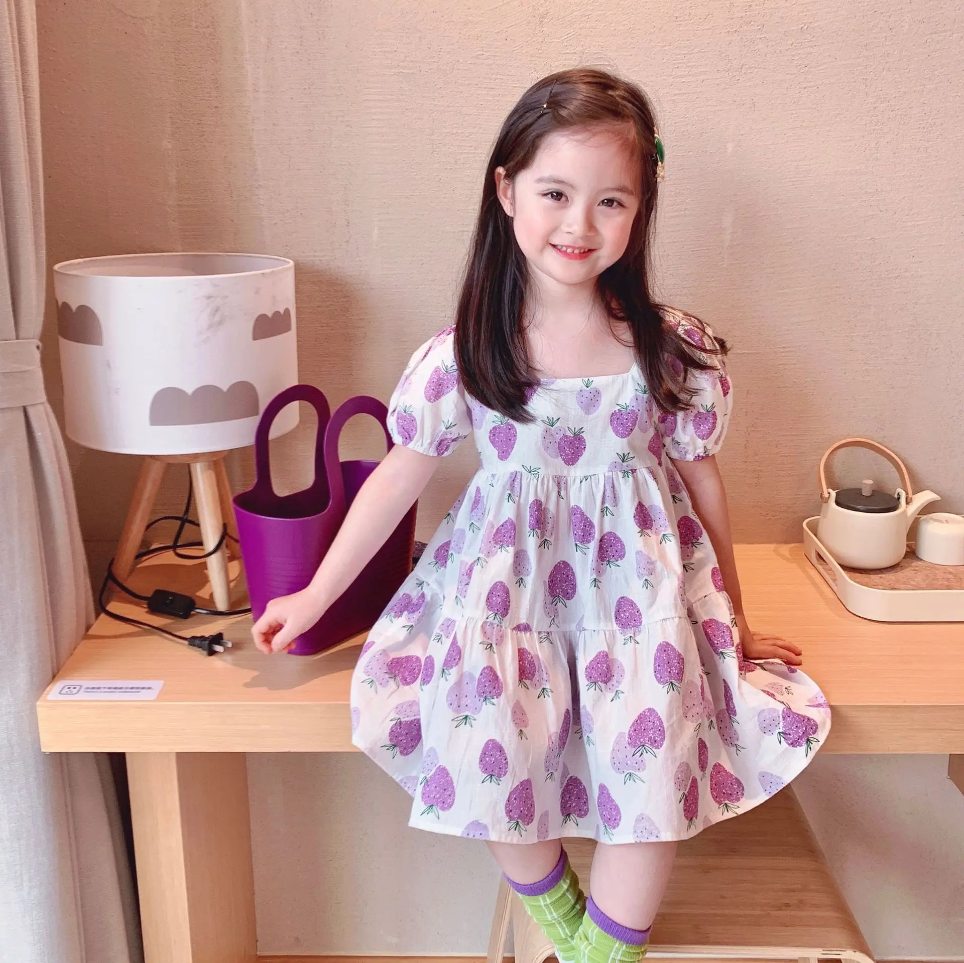 

2021 Spring and Summer New Baby Girls Dress Korean Style Strawberry Print Purple Cotton Dress Loose Casual Short Sleeve Dresses