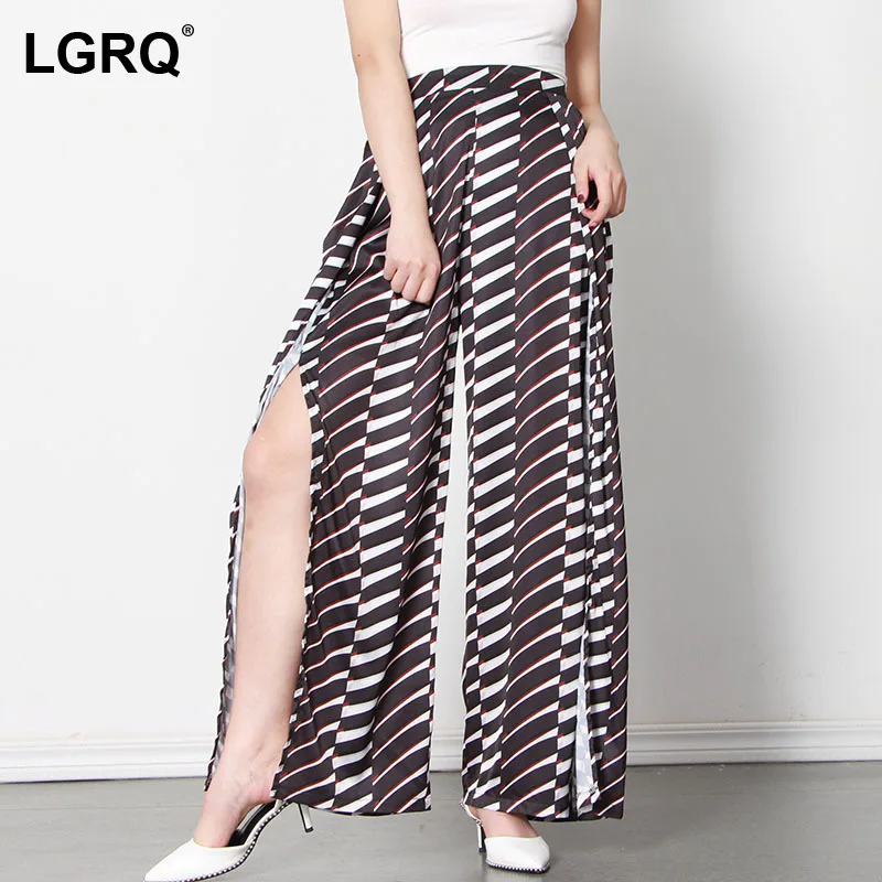 

[LGRQ] High Waist Striped Casual Wide Leg Trousers New Arrival Loose Fit Pants Women Fashion Tide Spring Autumn 2021 19D2323