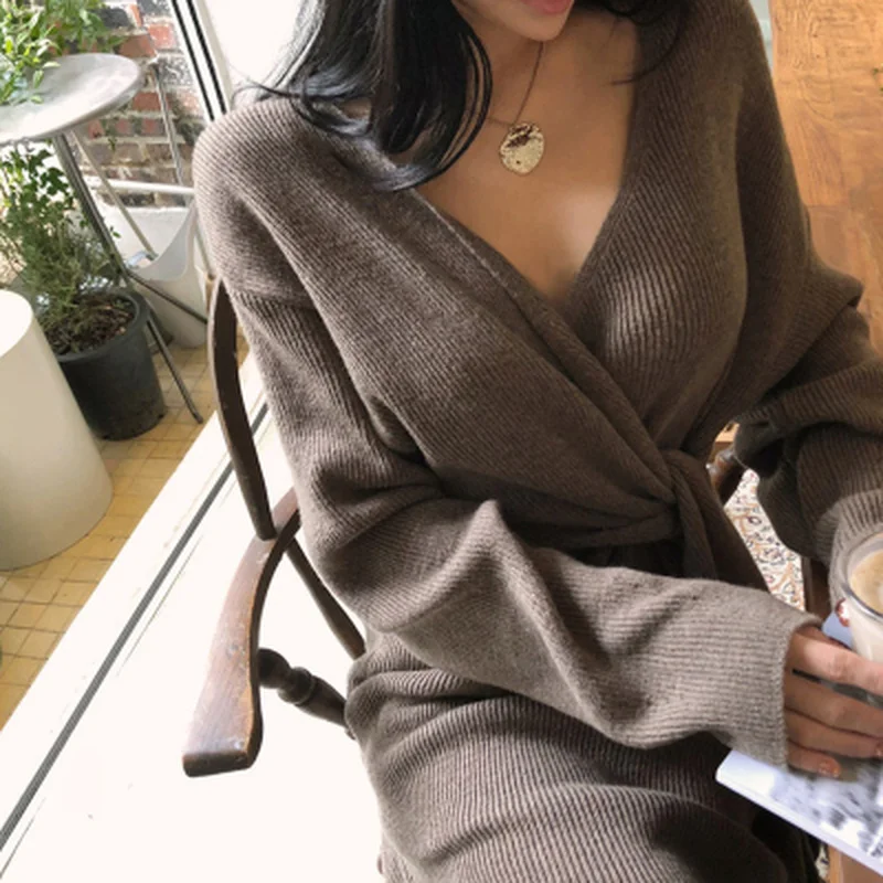 Женское трикотажное платье-свитер элегантное базовое платье с длинным рукавом и