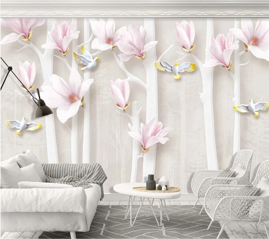 Пользовательские обои свежие и элегантные 3D с тиснением магнолии скандинавский