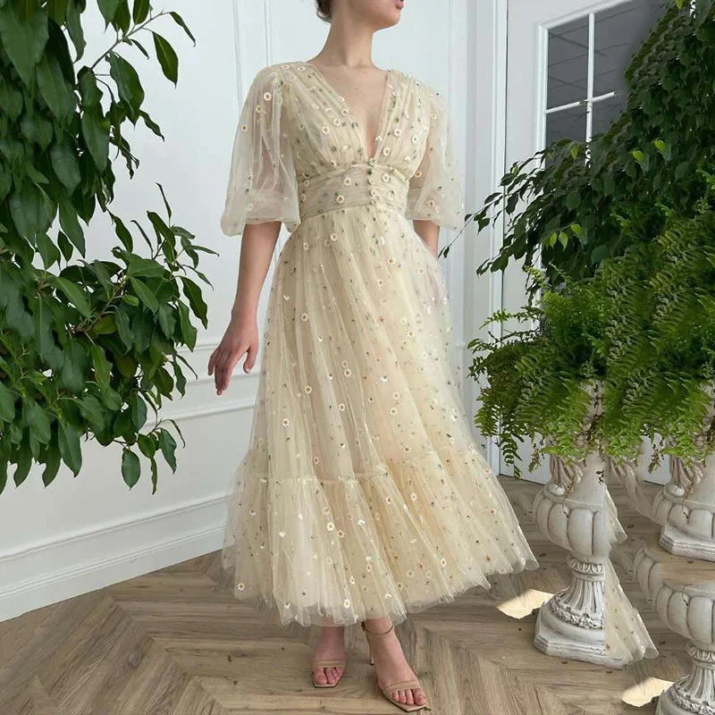 

Thinyfull Champagne Short Prom Dress 2021 Puff Long Sleeve Wedding Party Dress Lace Ankle Length Women Formal Evening Ball Gowns