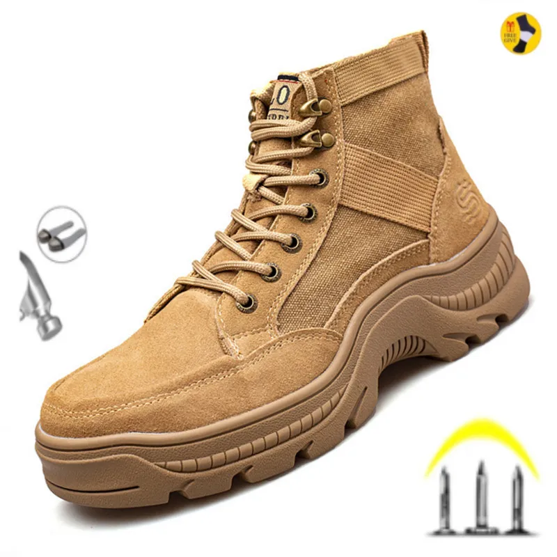 

Genuine Leather Men Safety Boots Canvas Stitching Construction Work Shoes Male Indestructible Steel Toe Boots For Men Footwear