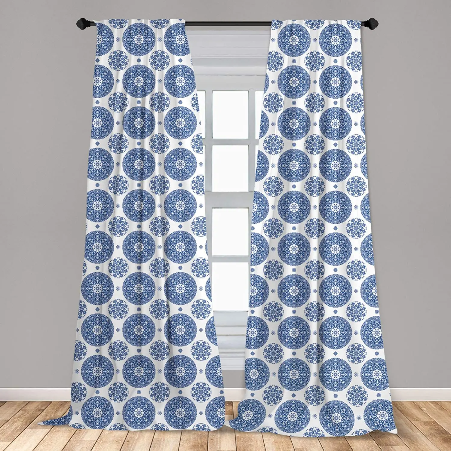 

Blue White Vintage Curtains French Country Style Floral Circular Pattern Lace Ornamental Window Treatments for Living Room