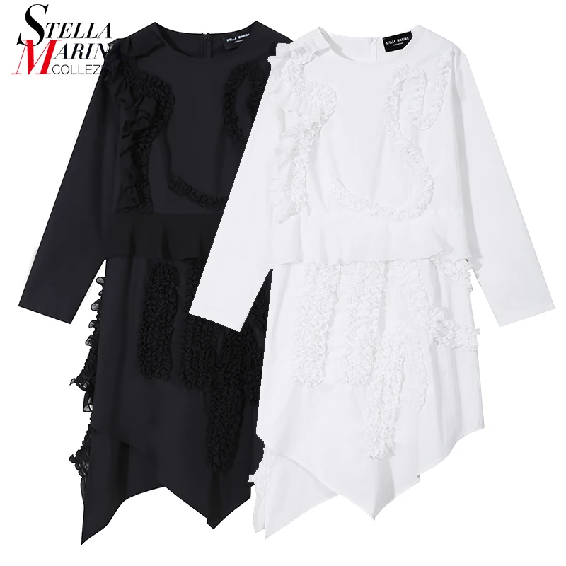 Новинка длинное платье с оборками сшитое однотонное черное белое 2020 женское