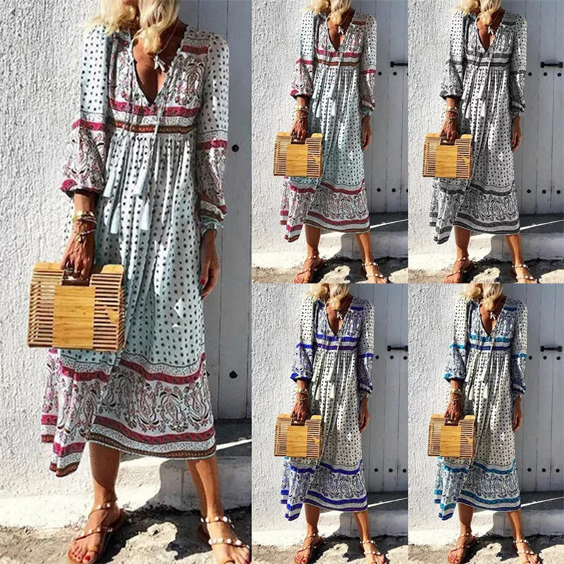 

Women Dress Long Sleeve Deep V-Neck Print Tassel Loose Midi Maxi Summer Casual Holiday Streetwear Woman Lace Party Dresses Robe