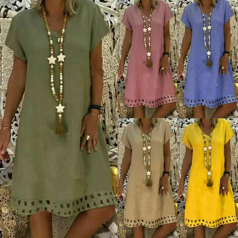 Женское платье бохо из хлопка и льна летняя длинная футболка с коротким рукавом