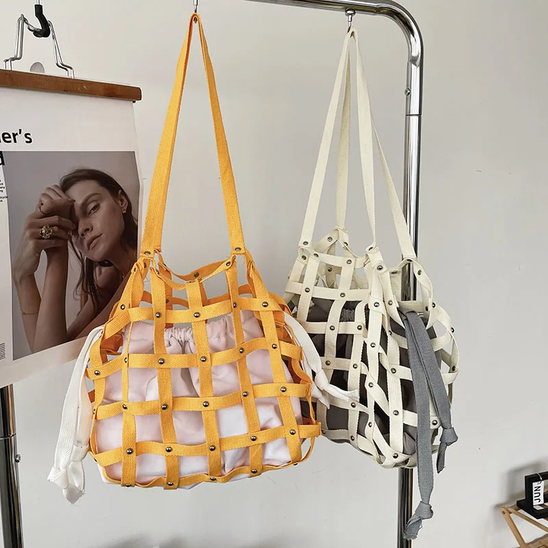 

Canvas Woven Shopping Shoulder Bag Women Shopper Handbags For Women Large Capacity Lady Casual Weave Hollow out Shoulder Bag