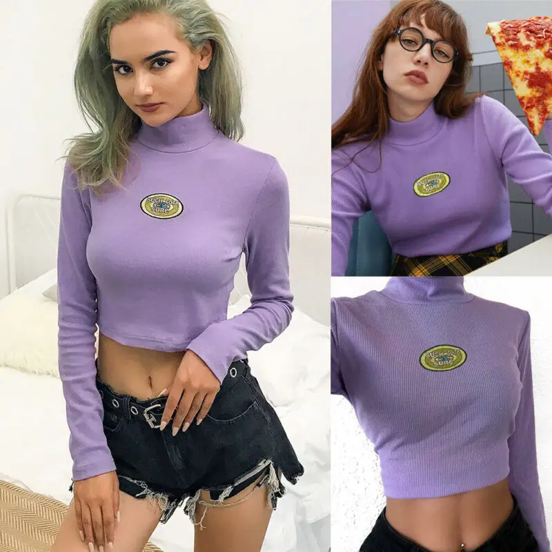

Womens Long Sleeve Short Shirt Turtleneck Pullover Tops Women Ladies Slim Solid Casual Blouse Knitted Sheer Purple