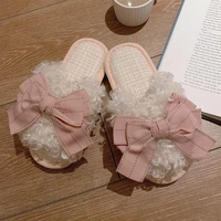 plush wool slippers female 2021 autumn winter fashion indoor home anti slip cotton slippers bow slippers
