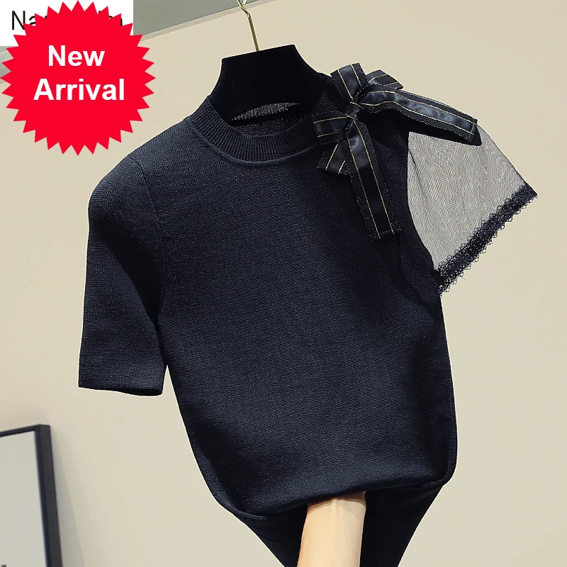 

Mesh Stitching Thin Knitted Short Sleeve T-shirt for Women Summer 2019 New Slim Bow Black Knit Jacket Ladies Black T Shirts Tops
