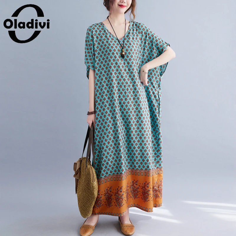 

Oladivi Oversize Oversized Women Fashion Print Bohemian Maxi Dress Summer Holiday Beach Wear Long Boho Dresses 4XL 5XL 6XL 8XL
