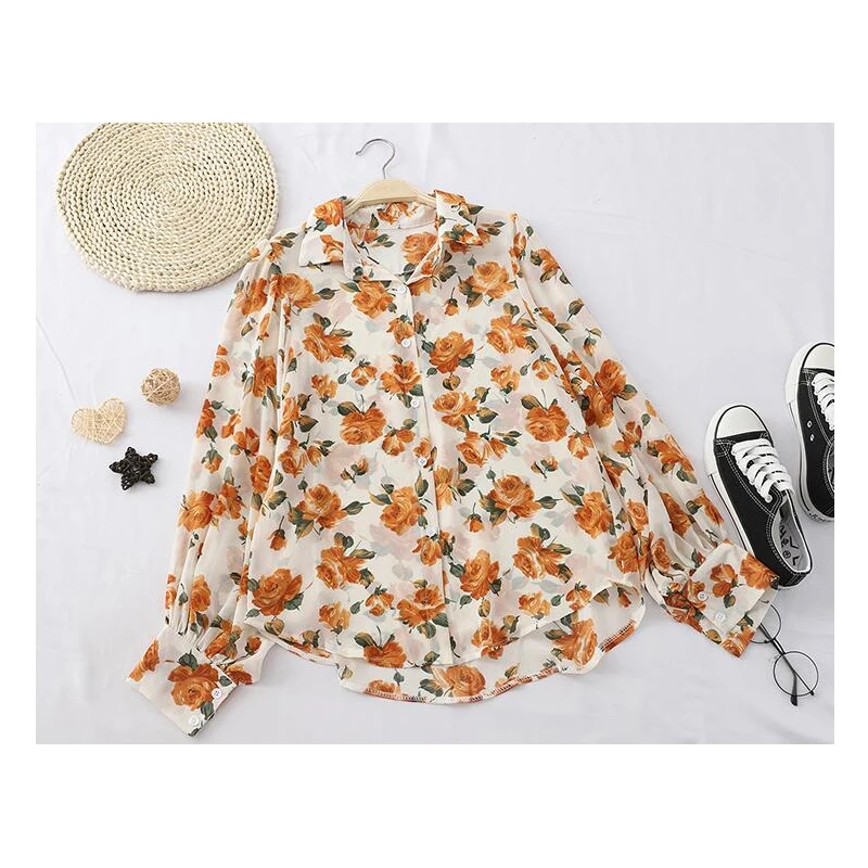 Винтажная Цветочная шифоновая блузка для женщин 2019 весна осень длинный рукав