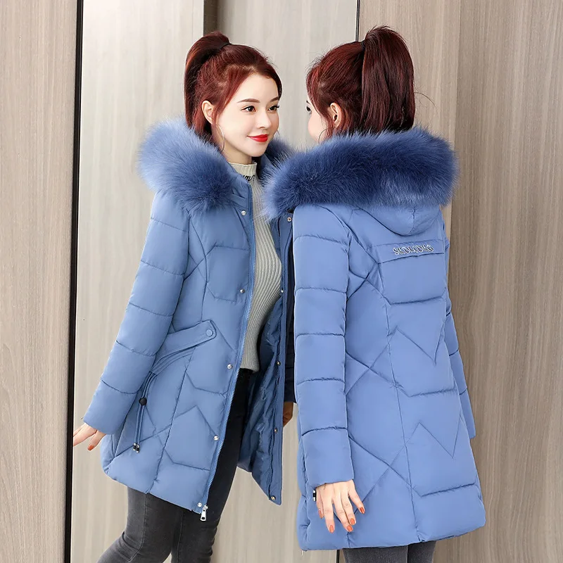 

2020 new autumn and winter edition feather cotton jacket female large fur collar medium-length fashion thick cotton jacket femal