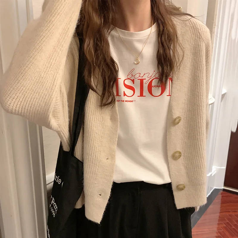 

Женский трикотажный кардиган на пуговицах, повседневный толстый Однотонный свитер свободного покроя с V-образным вырезом и длинным рукавом...