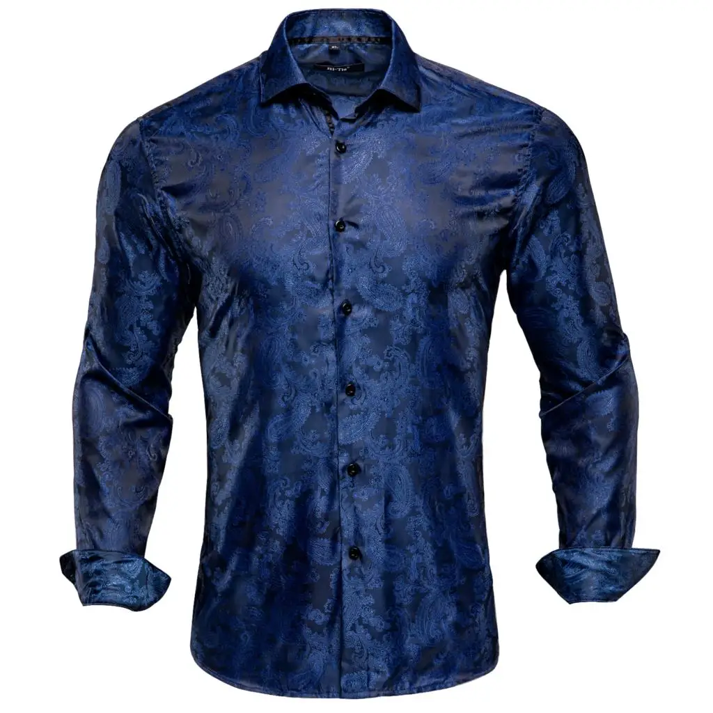 Hi-Tie Silk Jacquard Mens Shirts Long Sleeve Gold Red Blue Black Brown Slim Fit Shirt For Men Male Dress Jeans Business Wedding