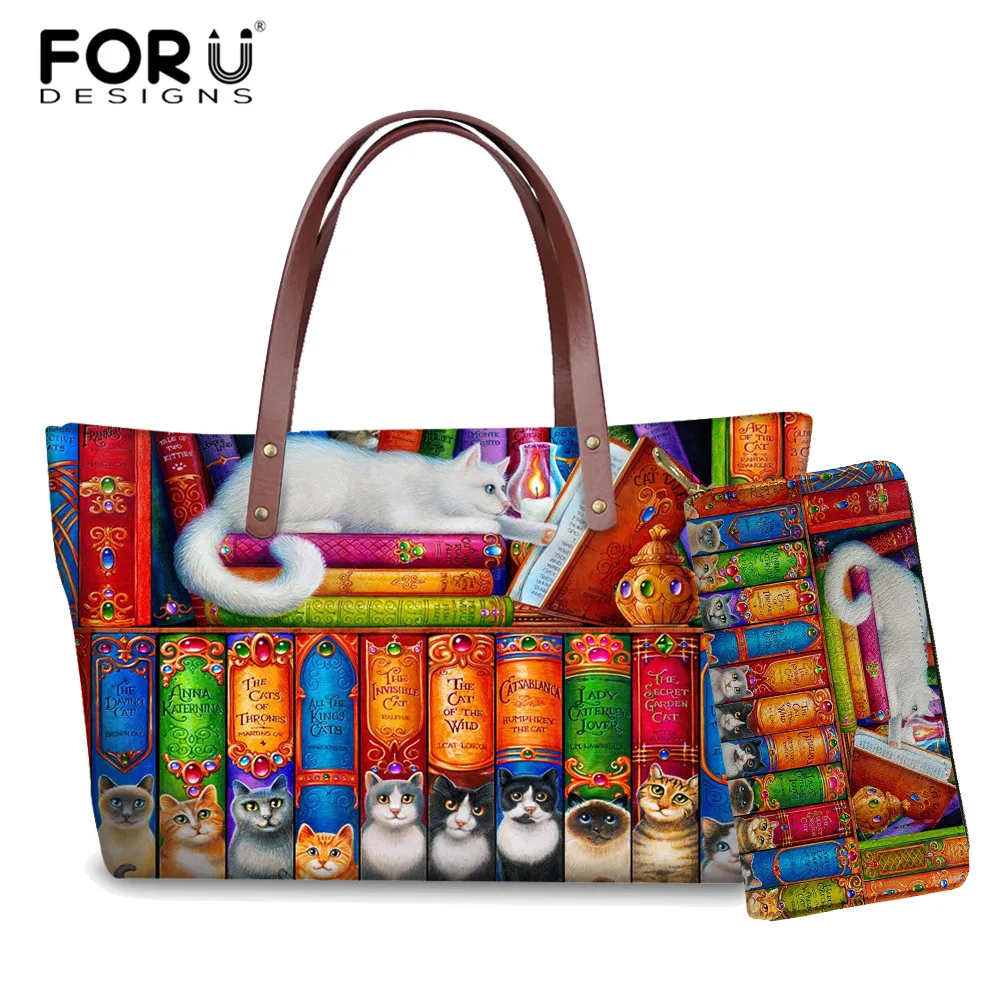

Роскошная женская сумка FORUDESIGNS, сумки на плечо, милые винтажные Мультяшные кошки, книжные узоры, Женский кошелек с верхней ручкой, комплект, ...