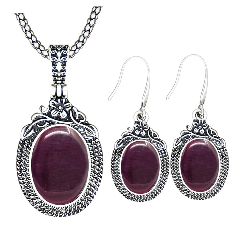 Dark Red Opal Винтажный комплект из ожерелья и сережек с аметистом, винтажный комплект из натурального камня, кварца, Модный женский комплект TS574 - Окраска металла: Dark Red Opal