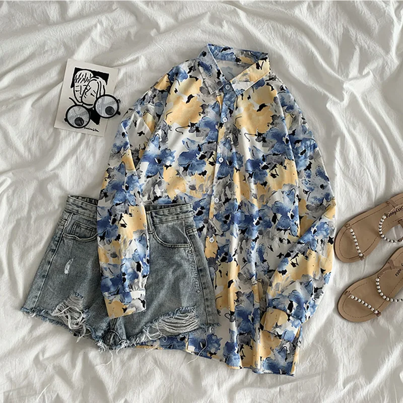 

EBAIHUI 2021 Spring Women Graphic Print Chiffon Blouse Loose Causal Long Sleeve Button Up Shirt Vintage Tops Feminina Blusa