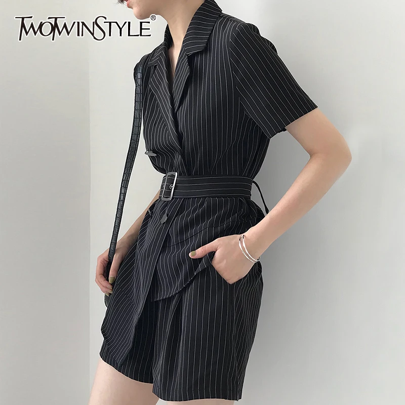TWOTWINSTYLE Stripe Colorblock Suits For Female Lapel Collar Long Sleeve Girdle With High Waist Shorts Women's Casual Set New