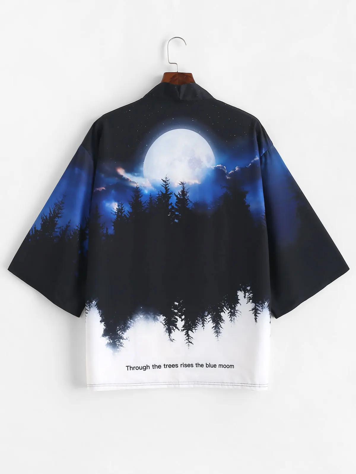 ZAFUL Rising Moon Through Tree Forest Print Casual Kimono Cardigan For Men Three Quarter Collarless Open Front Shirt | Мужская одежда