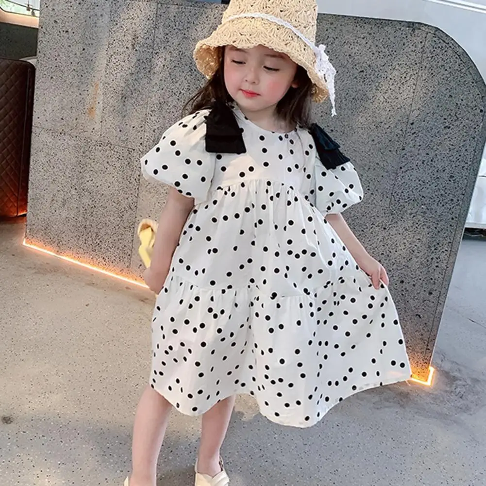 

2021 Summer Fashion Infant Girls Dress Round Neck Polka Dot Print Puff Sleeve Breathable Straight Mini Dress for Daily Wear