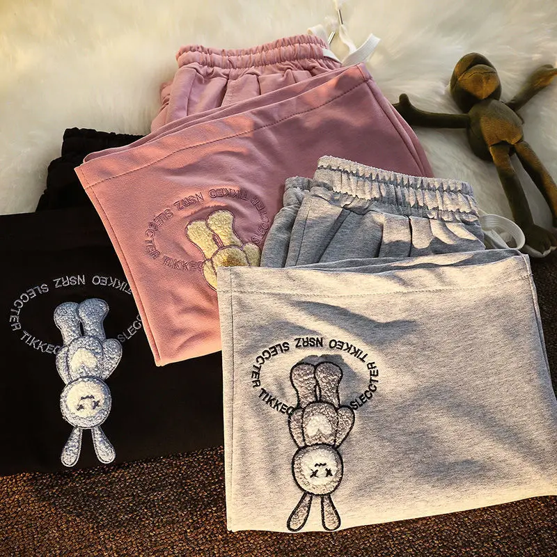

Kawaii Rabbit Embroidery Summer Knee Length Cotton Shorts Drawstring Sweatpants Fashion Shorts Loose Harajuku Casual Teens Girls