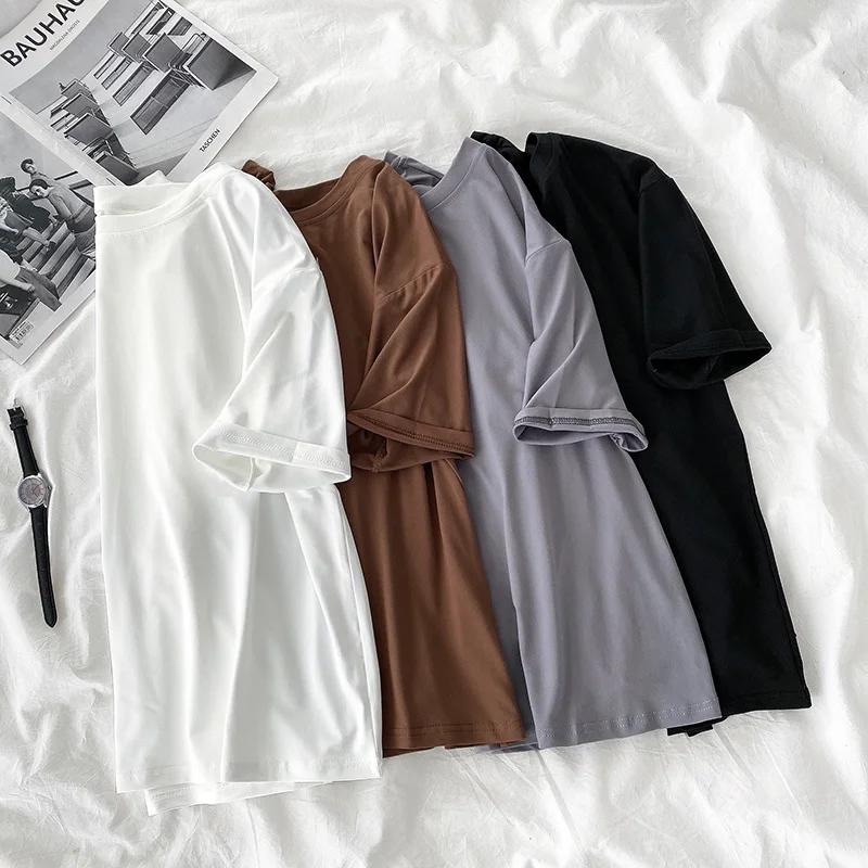 

Однотонная футболка с коротким рукавом женская летняя свободная приталенная универсальная базовая Повседневная футболка в Корейском стил...