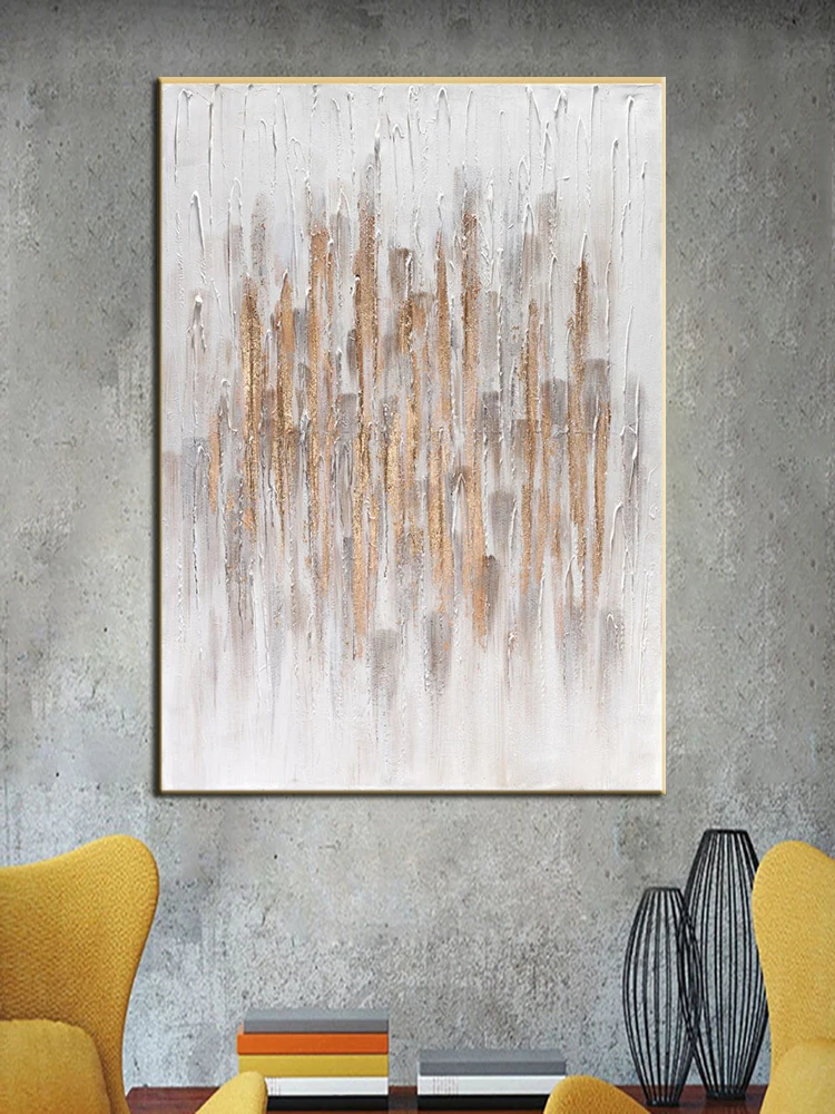 

Hand Painted Abstract Oil Painting Wall Art Golden Grey Picture Minimalist Decorative Modern On Canvas For Living Room No Frame