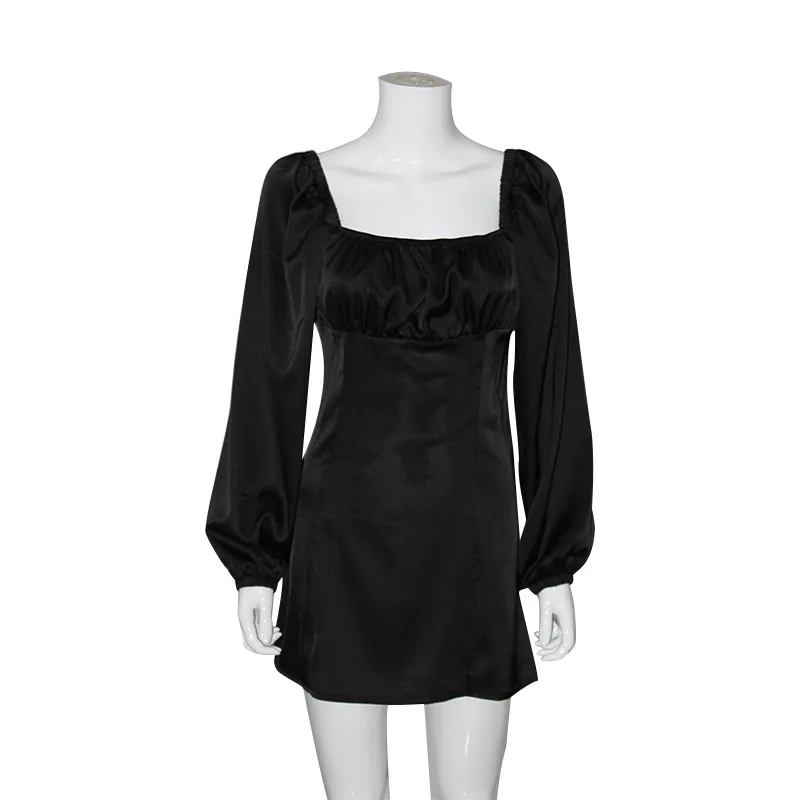 

Women Autumn Sexy Square Collar Bandage Dress Slim Long Puff Sleeve Pleated Bustier Satin Dress Mini Bodycon Party Club Vestido