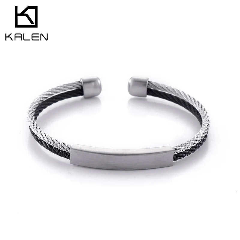 

Stainless Steel Men's Two Cable Wire Bracelets For Men Twisted ID Tag Open Cuff Bracelet Stretch Bangles Jewelry Custom Name