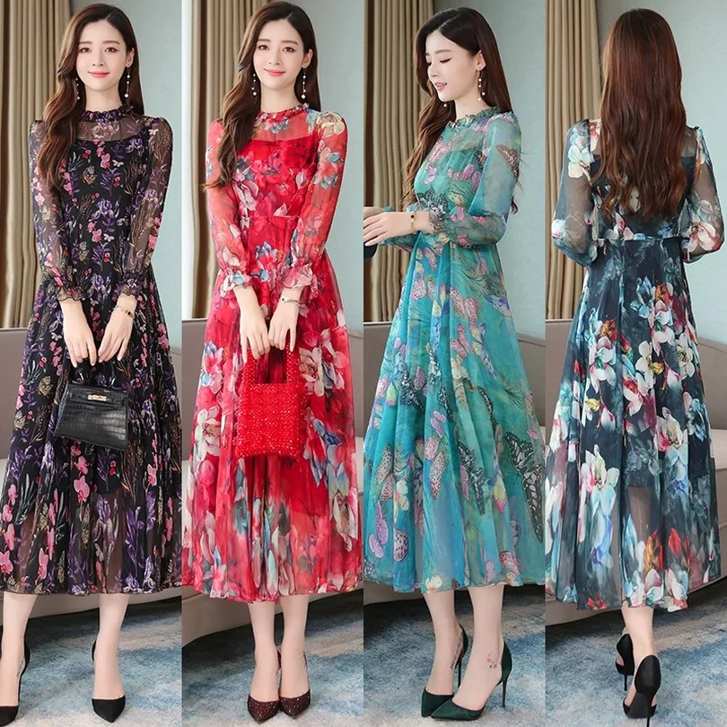 Шелковое платье с оборками и длинным рукавом Пляжное шифоновое Прозрачное