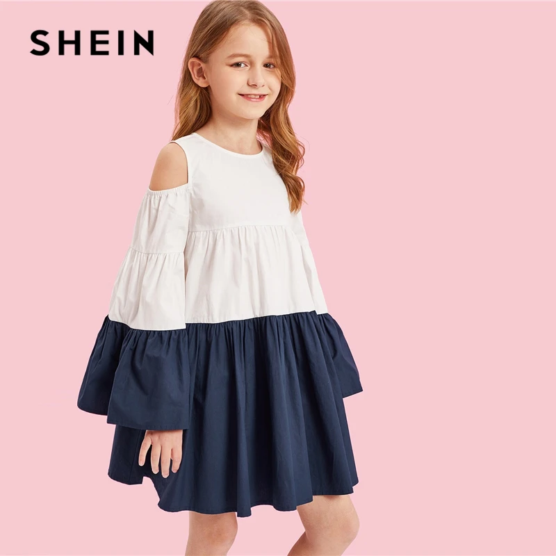 SHEIN Kiddie/многослойное платье с цветным блоком и открытыми плечами для девочек г., Осенний рукав-волан, трапециевидные платья для подростков