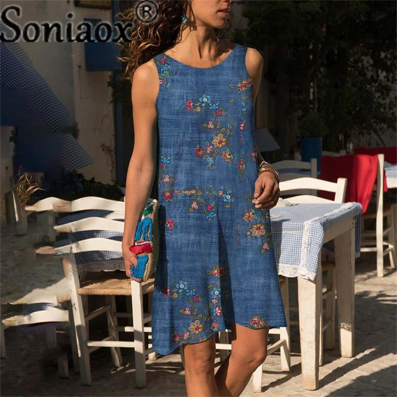 Купи 2021 Summer New Boho Vintage A-Line Dress Women's Fashion Street Casual Flower Print Sleeveless O-Neck Beach Midi Long Dresses за 524 рублей в магазине AliExpress