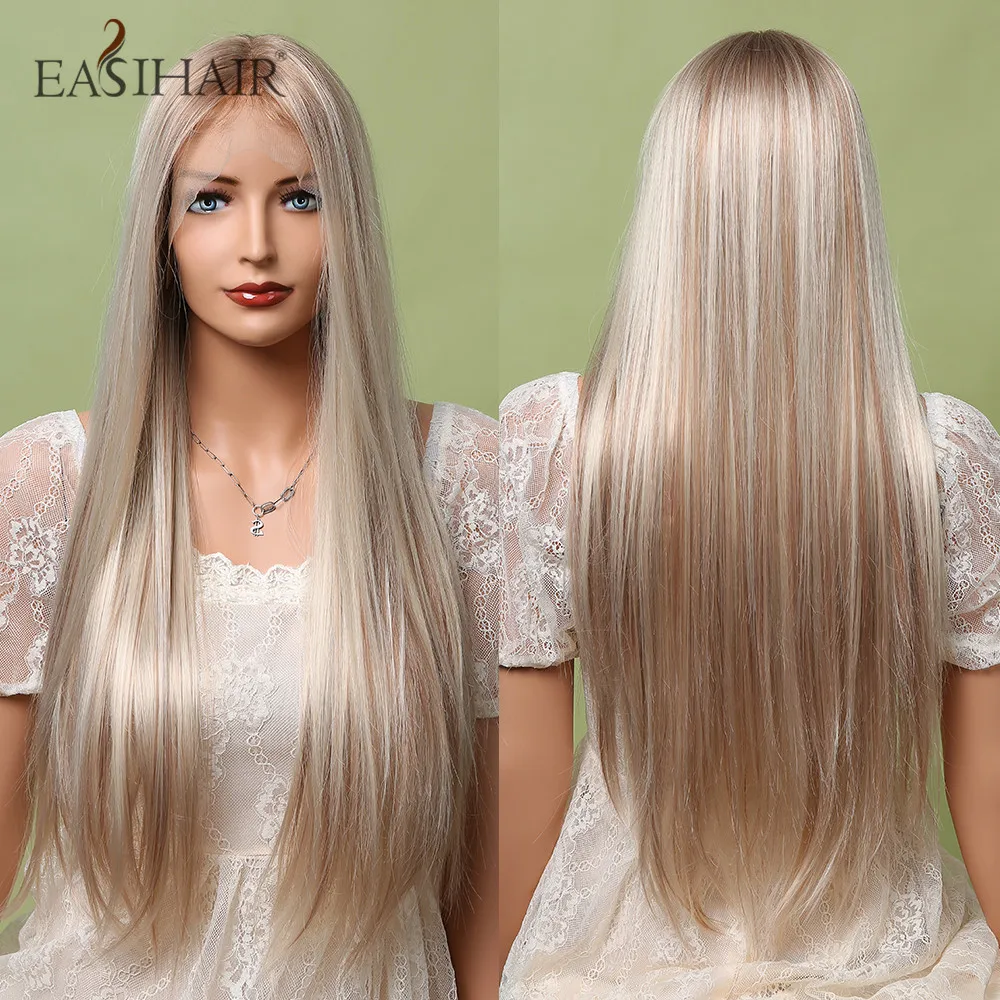 

EASIHAIR Blonde Mixed Brown Lace Front Wigs Long Straight Natural Wigs for Women Silk Lace Frontal Synthetic Wig Heat Resistant