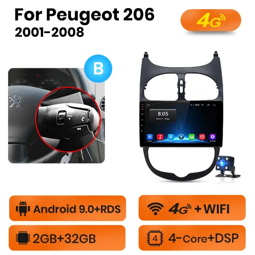 4G-WIFI 2GB-32GB -B AWESAFE для peugeot 206 2001 2002 2003 2004-2008 Автомобиль Радио Мультимедийный видеоплеер gps без 2din 2 din Android 8,1 2 ГБ+ 32 ГБ - Цвет: 4G-WIFI 2GB-32GB -B