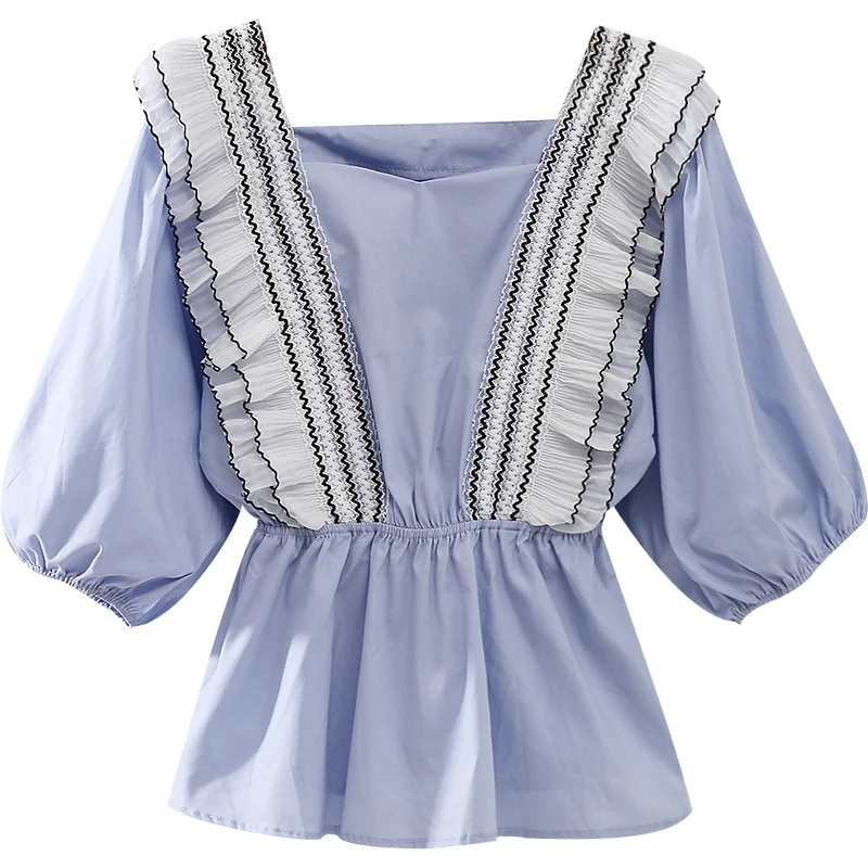 

Kimutomo French Style Ruffles Patchwork Blouse Women Square Collar Half Lantern Sleeve Top 2021 Summer Slim Waist Shirt Elegant