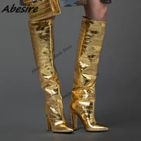 abesire long boots gold pointed toe square high heel over the knee boots women shoes stone print new autumn winter big size