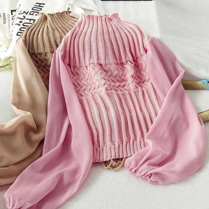 Gaganight лоскутное женский свитер с длинными шифоновыми рукавами Половина